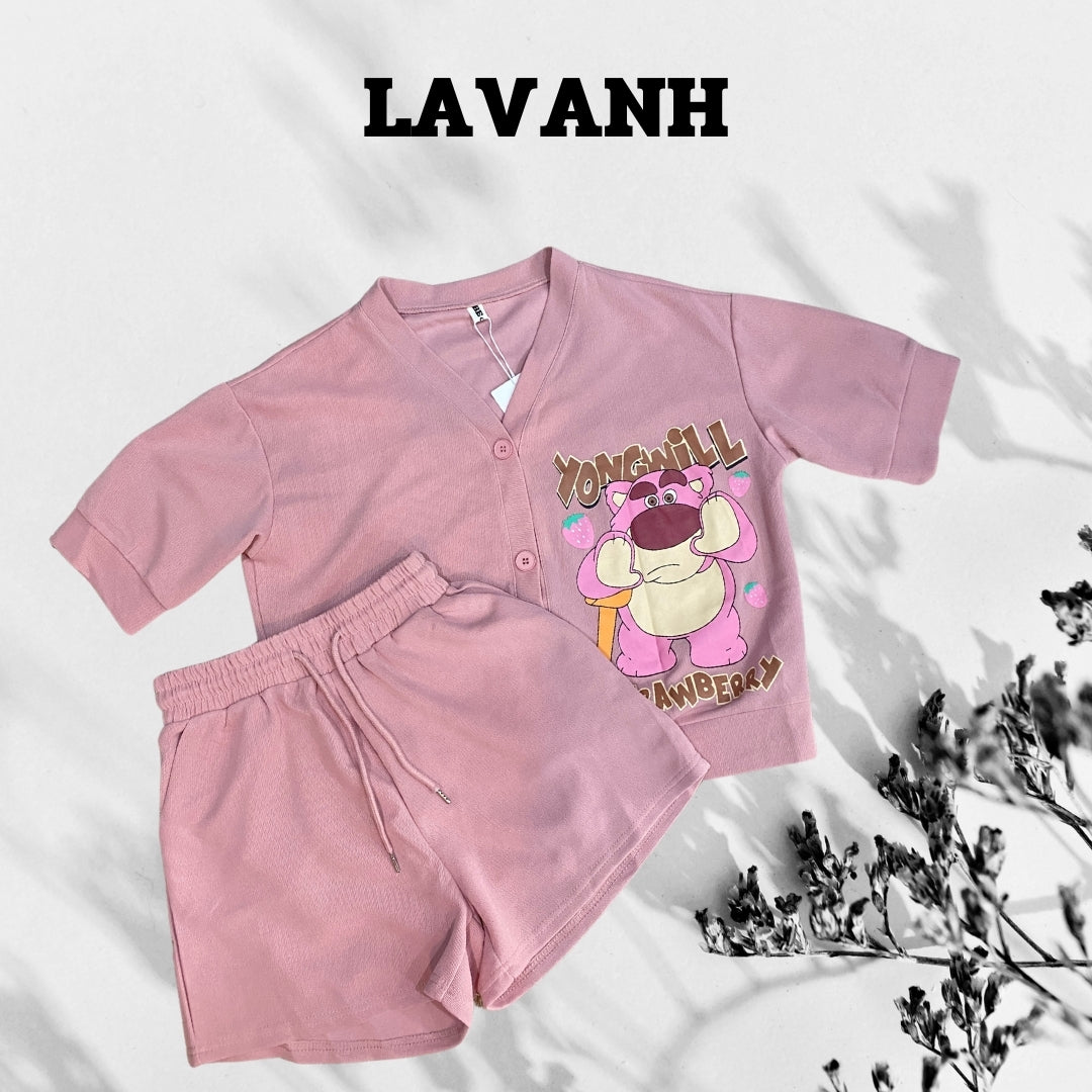 Set หมีสตอเบอรี่ มีกระดุมเสื้อ ขาสั้นมีเชือกผูก