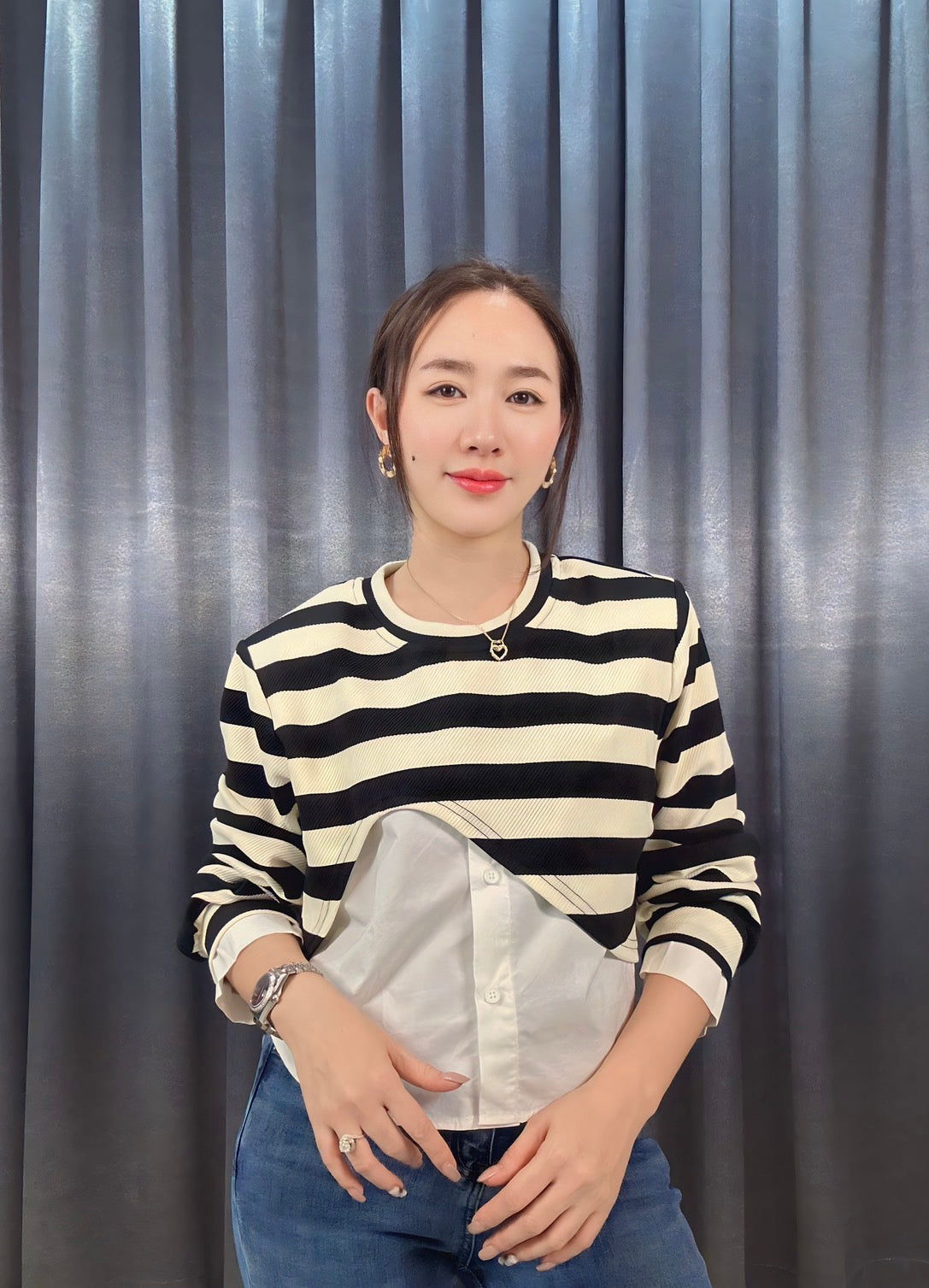 เสื้อแขนยาวลายขวางแฟชั่น มีซับใน 2 สี